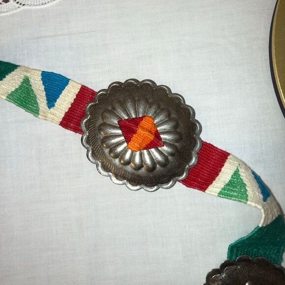 Vintage Handwoven Rainbow Belt with Silver Conchos | Southwestern Artisan Boho C - Picture 3 of 16